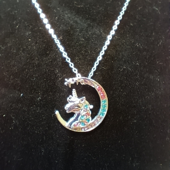 Silver Gold Plated Unicorn Pendant Necklace Moon Stars Rainbow Rhinestones - Picture 4 of 7
